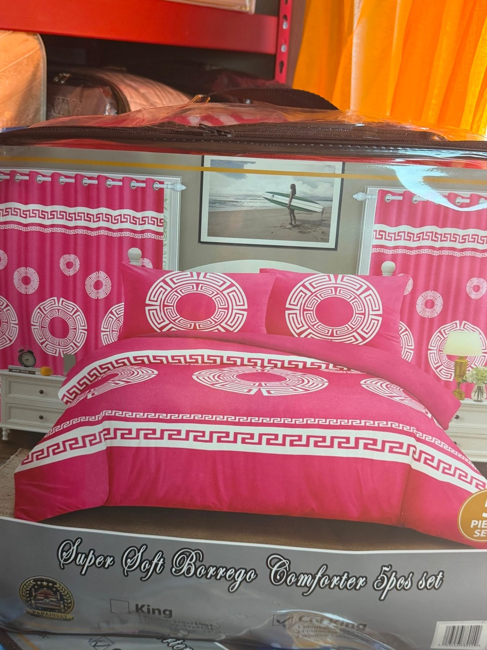 Vibrant Pink Borrego Comforter Set with Geometric Medallions